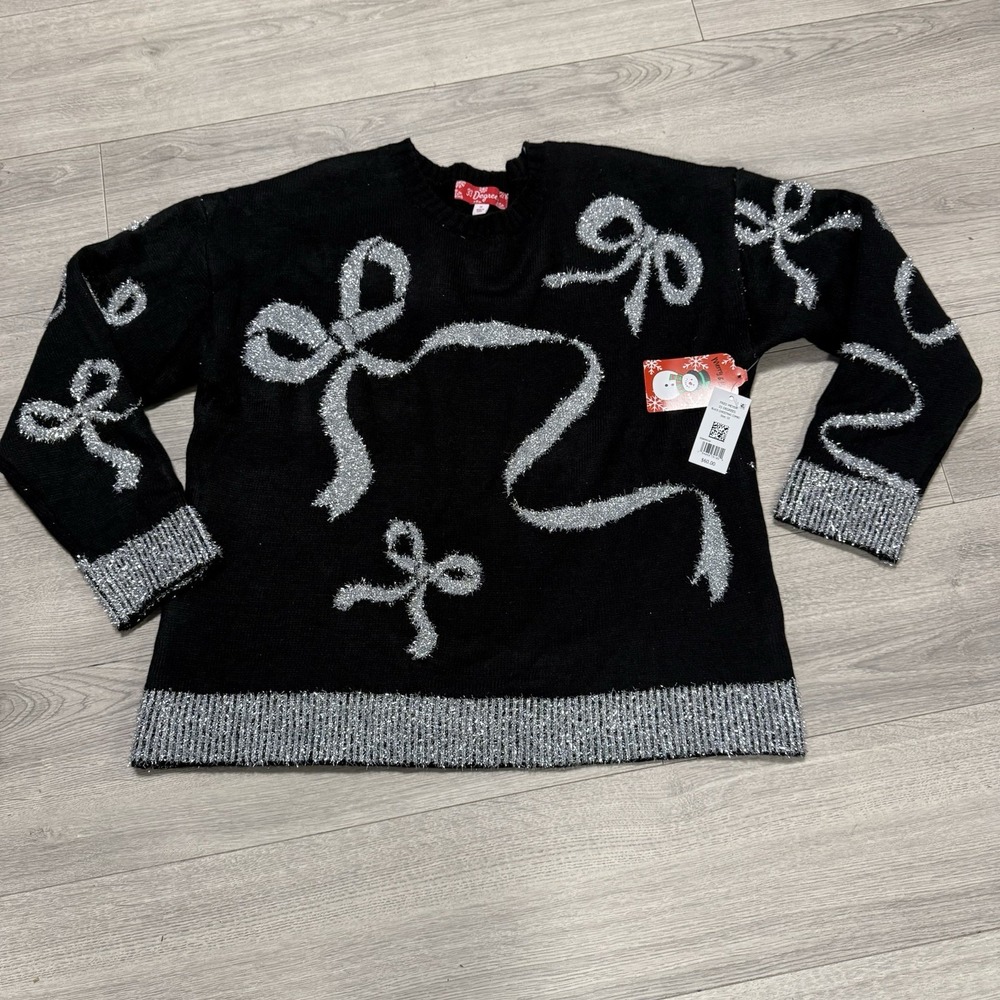 NWT 33 Degrees Black Tinsel & Bows Sparkle Holiday Sweater 1X Christmas Party